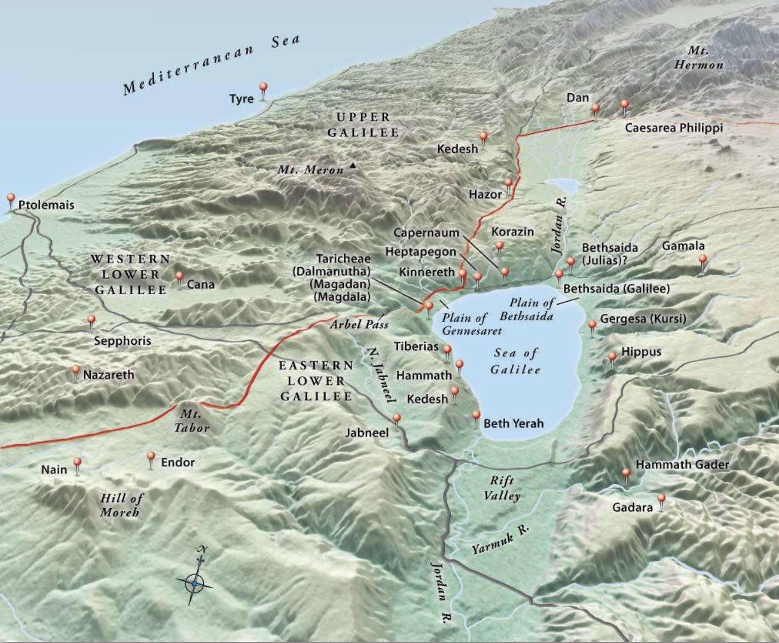 Map of northern Israel showing Caesarea Philippi at the base of Mt. Hermon and Mt. Tabor can be seen west of the Sea of Galilee